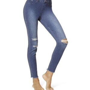 HUE Leggings S Ripped Knee Denim Ink Wash Blue Distressed